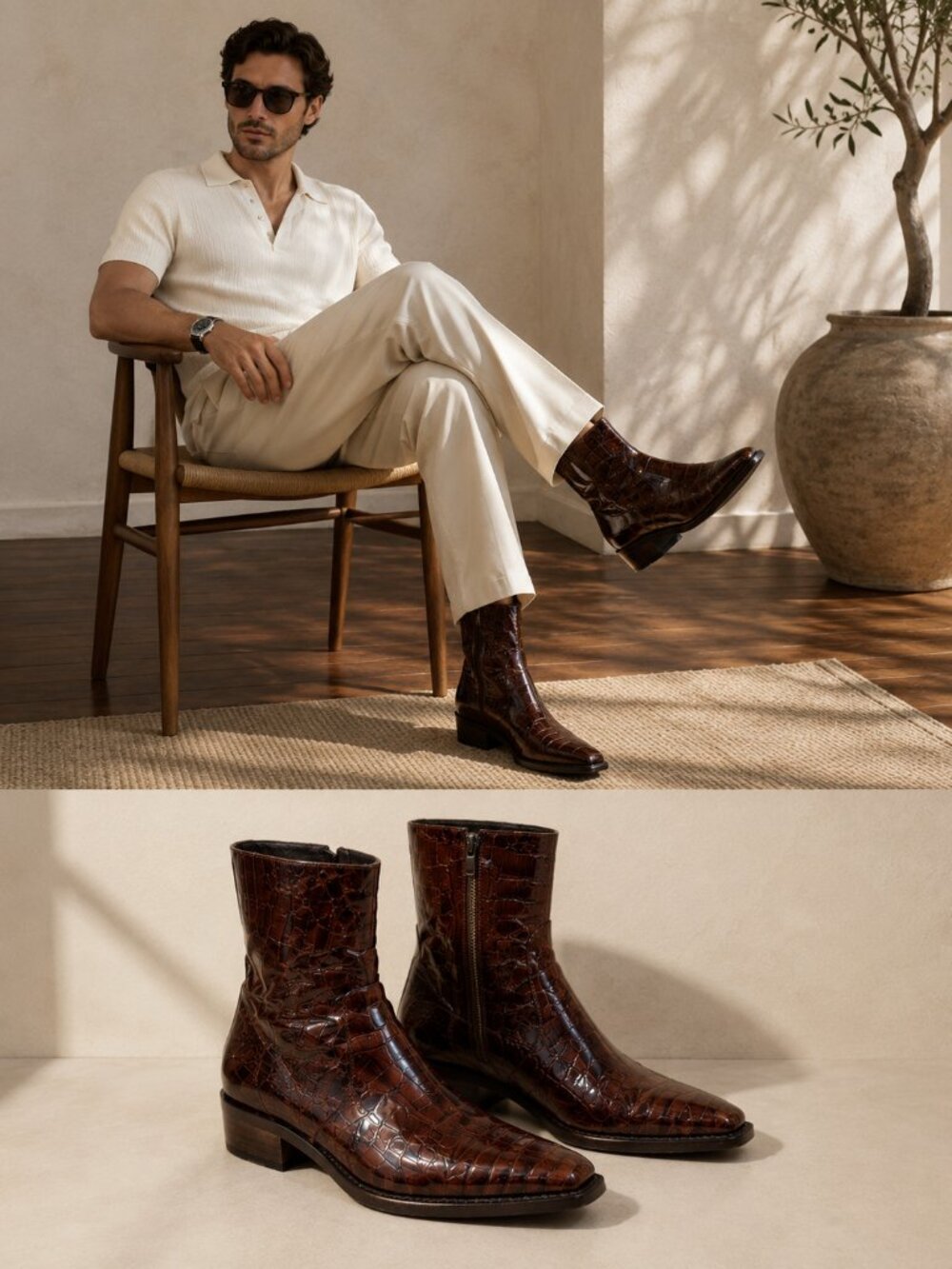 Cesare Paciotti Heroes Men's Croc Embossed Leather Ankle Boots Brown US 6 EU 39